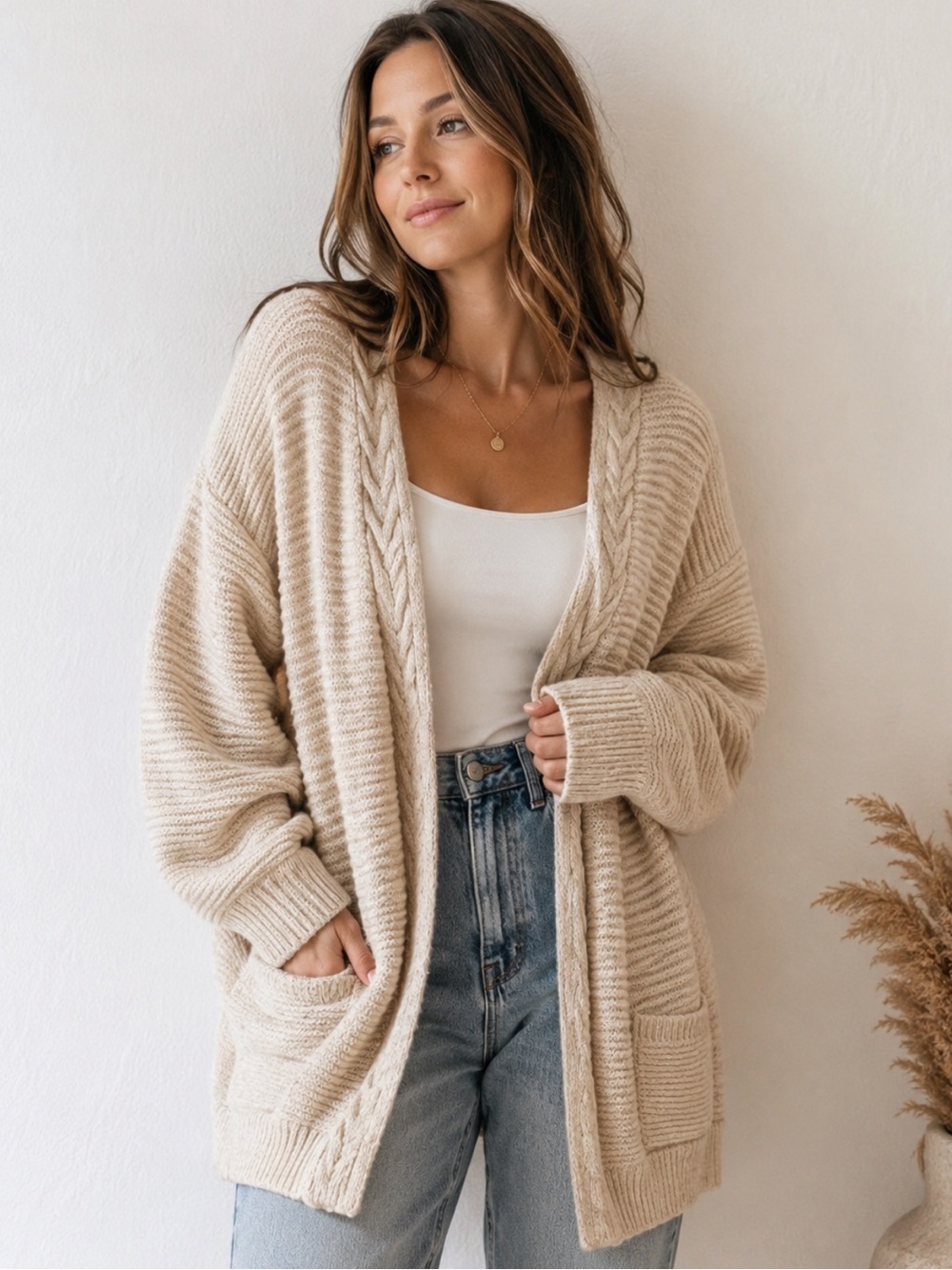 Baciano Beige Wool Blend Chunky Knit Open Cardigan Sweater XL